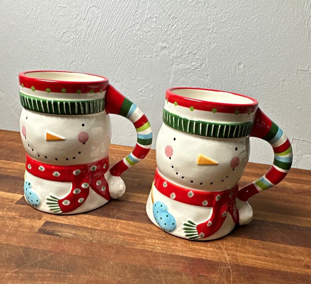 Pier 1 Hand-Painted Ceramic Snowman Christmas Mugs Set of 2, 6in MPN 2700247